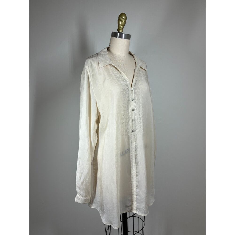 J Jill Uncommon Threads Semi Sheer Crinkled Blouse Tunic Top Large Beige Fairy - Picture 2 of 16